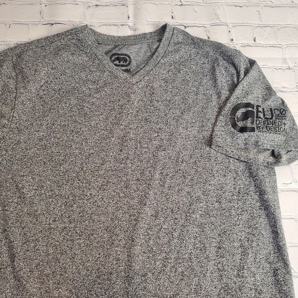 Ecko Unltd Mens Grey Marl V-Neck Graphic T-Shirt Short Sleeve Rhino Logo Large